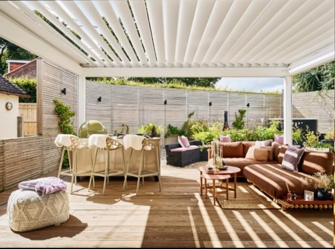 Outdoor lounge area under a pergola